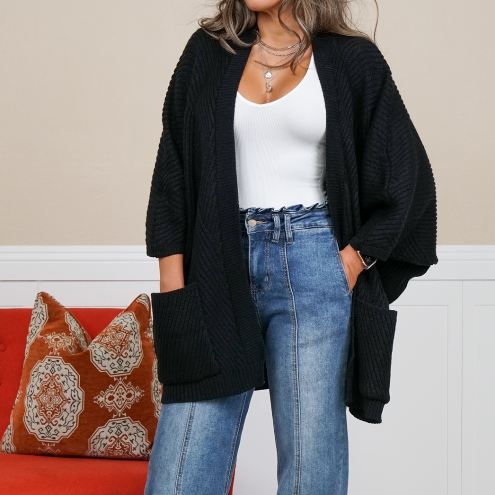 Catalina Ribbed Knit Cardigan - Black